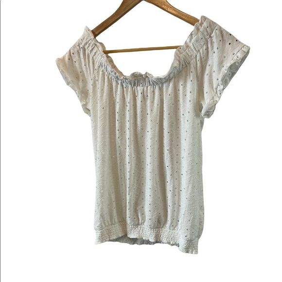 CUPIO White Eyelet Elastic Neckline Short Sleeve Elastic Bottom Bubble Top S - Picture 3 of 8